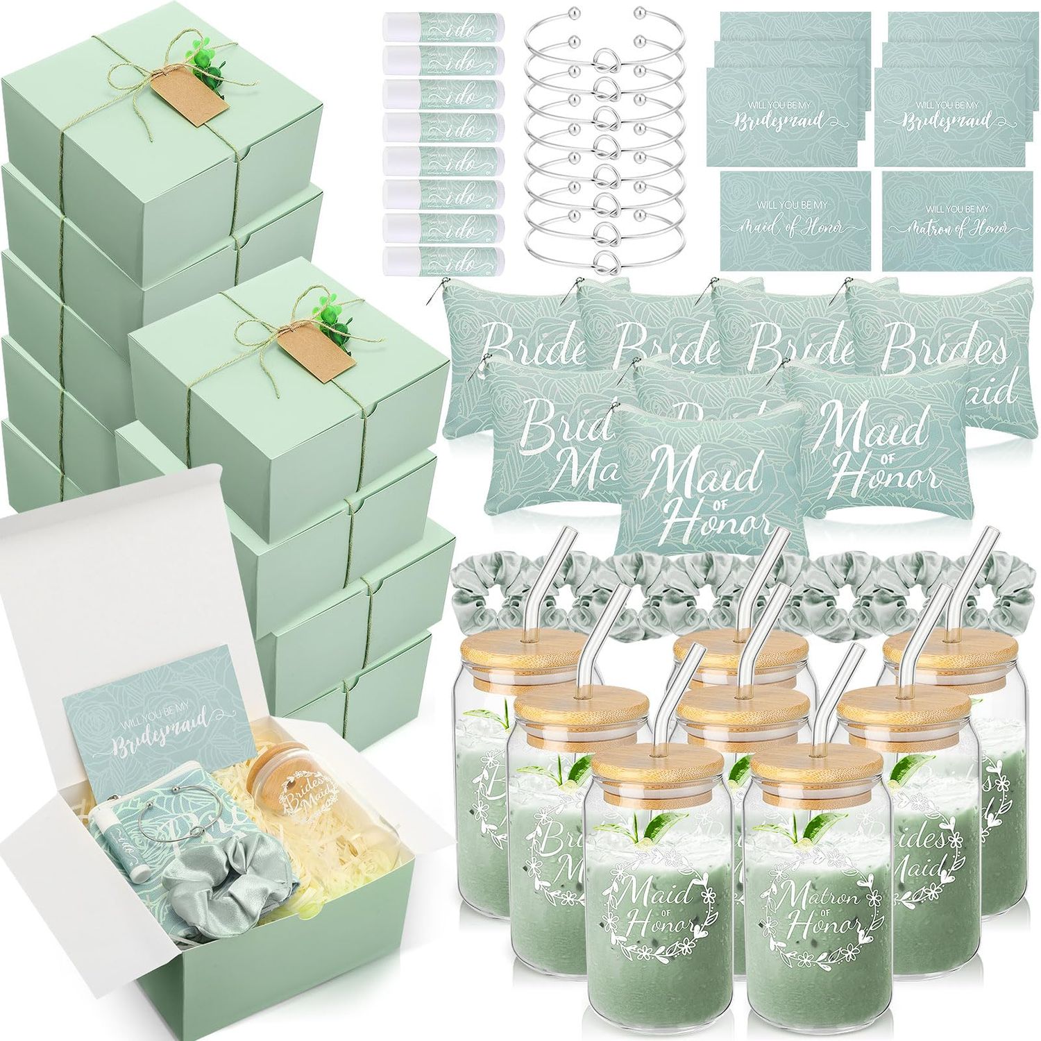 FillTouch 64 Pcs Bridesmaid Proposal Gifts Set Include Wedding Gift Box Glass Cup Makeup Bags Invited Cards Lip Balm Scrunchies Hair Knotted Bracelets for Maid of Honor Gifts(Green)