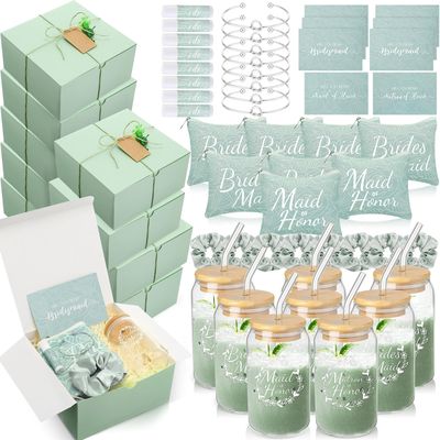 FillTouch 64 Pcs Bridesmaid Proposal Gifts Set Include Wedding Gift Box Glass Cup Makeup Bags Invited Cards Lip Balm Scrunchies Hair Knotted Bracelets for Maid of Honor Gifts(Green)