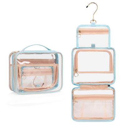 CUBETASTIC Hanging Travel Toiletry Bag, Clear Makeup Bag, Transparent 3 Comparment Small Travel Bag Cosmetic Organizer Case Portable Skincare Pouch with Handle (Blue, Small (Pack of 1))
