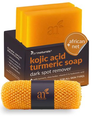 Artnaturals Kojic Acid Soap + African Net Sponge (2 pack X 142g Turmeric bars) Dark spot remover &amp; Scars - Original Japanese Complex Vitamin C, Hyaluronic Acid, retinol, shea butter (Citrus)