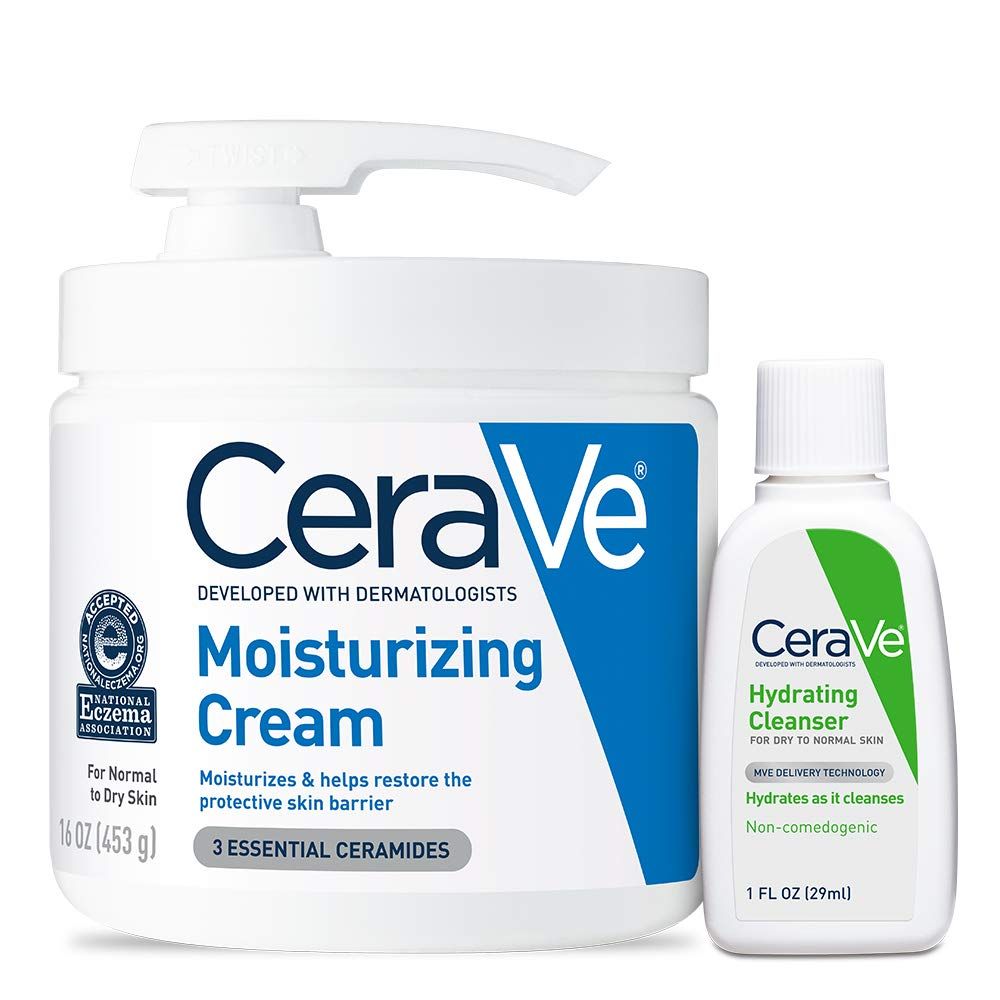 CeraVe Moisturizing Cream Combo Pack, Contains 16 Ounce with Pump &amp; 1 Ounce Hydrating Facial Cleanser, Dry Skin Relief