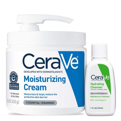 CeraVe Moisturizing Cream Combo Pack, Contains 16 Ounce with Pump &amp; 1 Ounce Hydrating Facial Cleanser, Dry Skin Relief