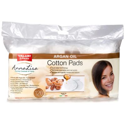 AnnaLisa Large 100% Pure Combed Cotton Argan Oil Pads for Makeup/Nail Polish Removal |120-Piece Italian Ovals Facial Cleansing | 3 Packs of 40 Hypoallergenic &amp; Absorbing Cotton Ovals