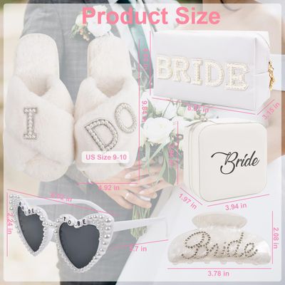 Bridal Shower Gifts for Bride - 5 Pcs Bride to Be Gift Set, I DO Slippers, Makeup Bag, Heart Sunglasses, Jewelry Box, Hair Clip, Cool Bachelorette Engagement Wedding Day Party Accessories for Her