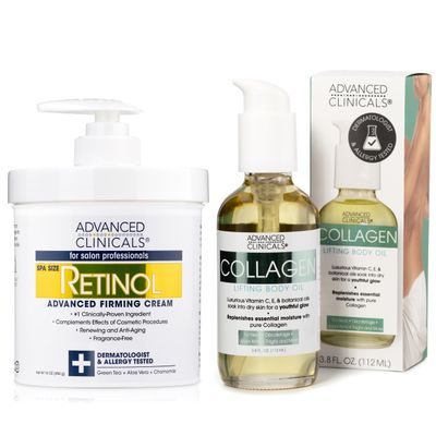 Advanced Clinicals Retinol Body Lotion + Firming Collagen Body Oil 2pc Set | Fragrance Free Retinol Face Lotion + Collagen Massage Body Oil | Retinol Cream Crepey Skin Care Treatment, 2pc Bundle