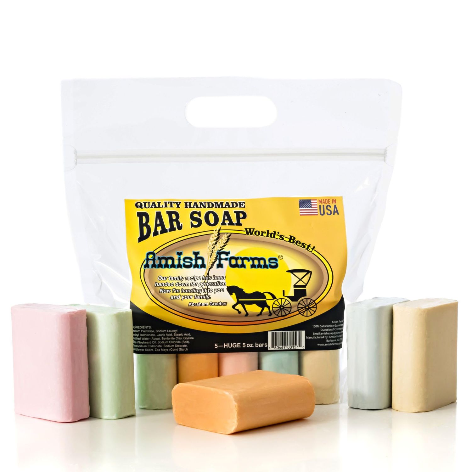 Amish Farms Bar Soap w/All Natural Bentonite Clay | Made in USA, Vegan Moisturizing for Sensitive Skin | Women &amp; Mens Face &amp; Body Bar Bath Soap for Shower | Clean Scent | 5oz Ea (5 Bars)