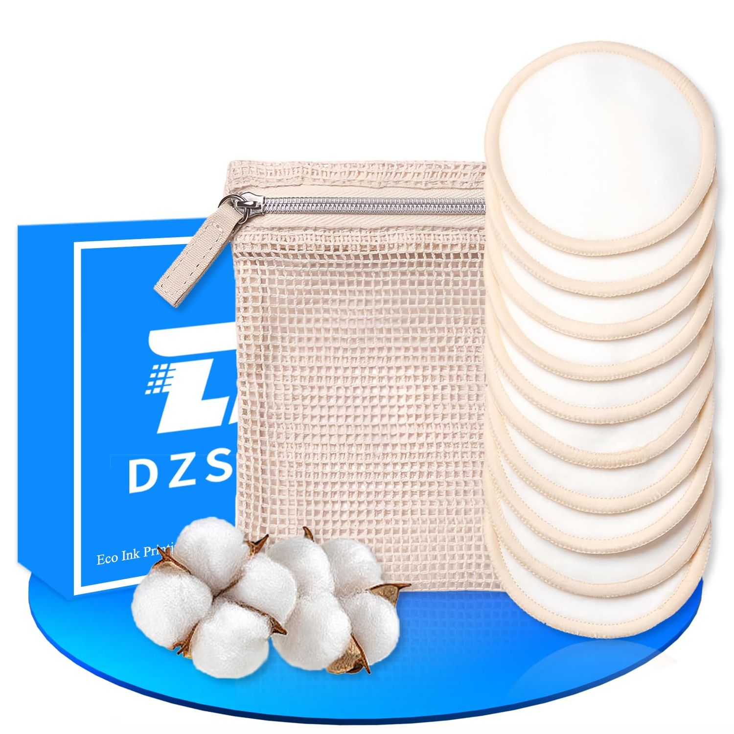 DZSEE Reusable Makeup Remover Pads - Eco-Friendly Bamboo Cotton Rounds for Face, Washable Cotton Pads with Laundry Bag, Soft Reusable Face Pads for All Skin Types, 10 Pack
