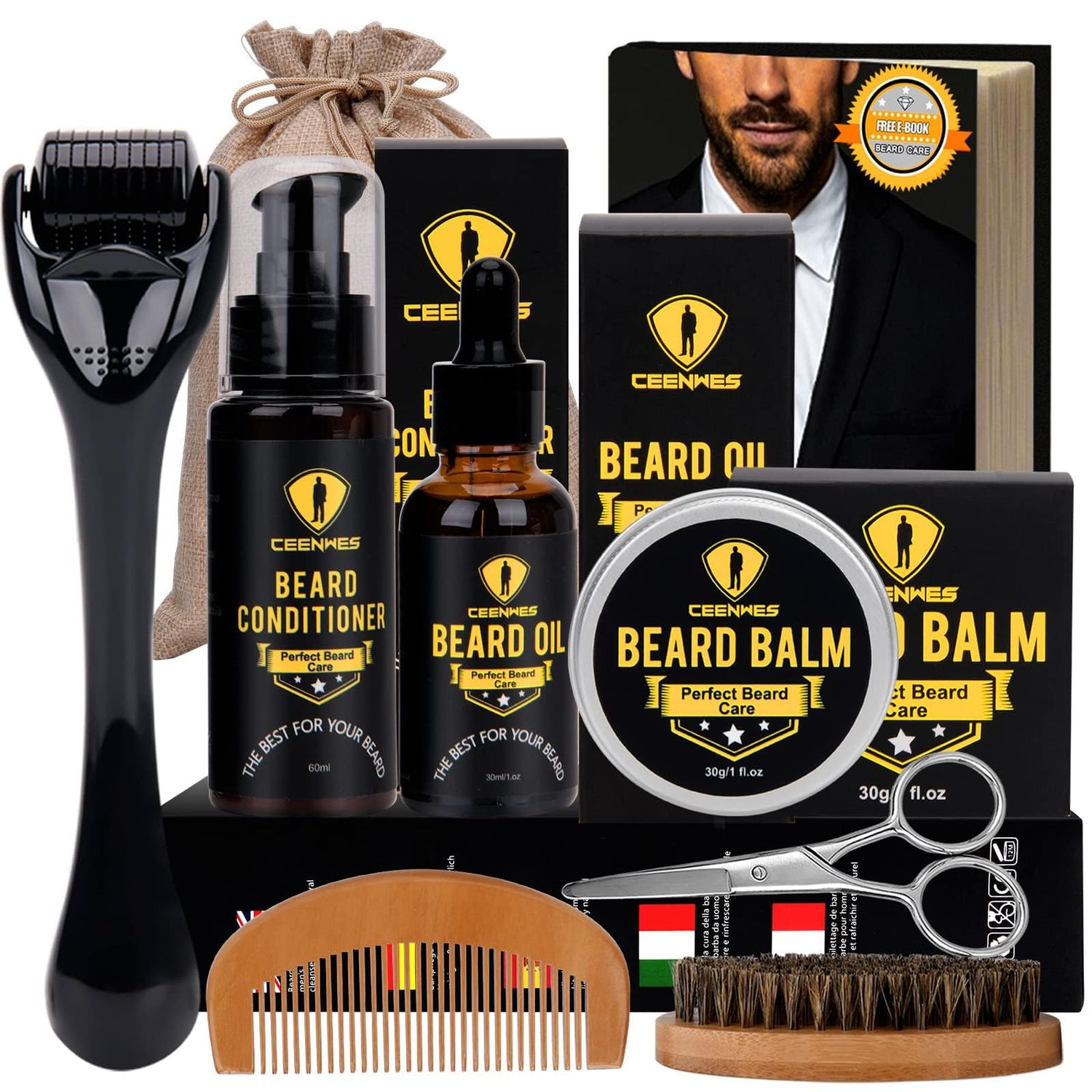 Ceenwes Upgraded Beard Grooming Kit - Conditioner, Oil, Brush, Comb, Balm, Scissors, Storage Bag for Beard and Mustache Trimming, Perfect Men&#39;s Gift