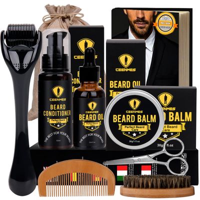 Ceenwes Upgraded Beard Grooming Kit - Conditioner, Oil, Brush, Comb, Balm, Scissors, Storage Bag for Beard and Mustache Trimming, Perfect Men&#39;s Gift