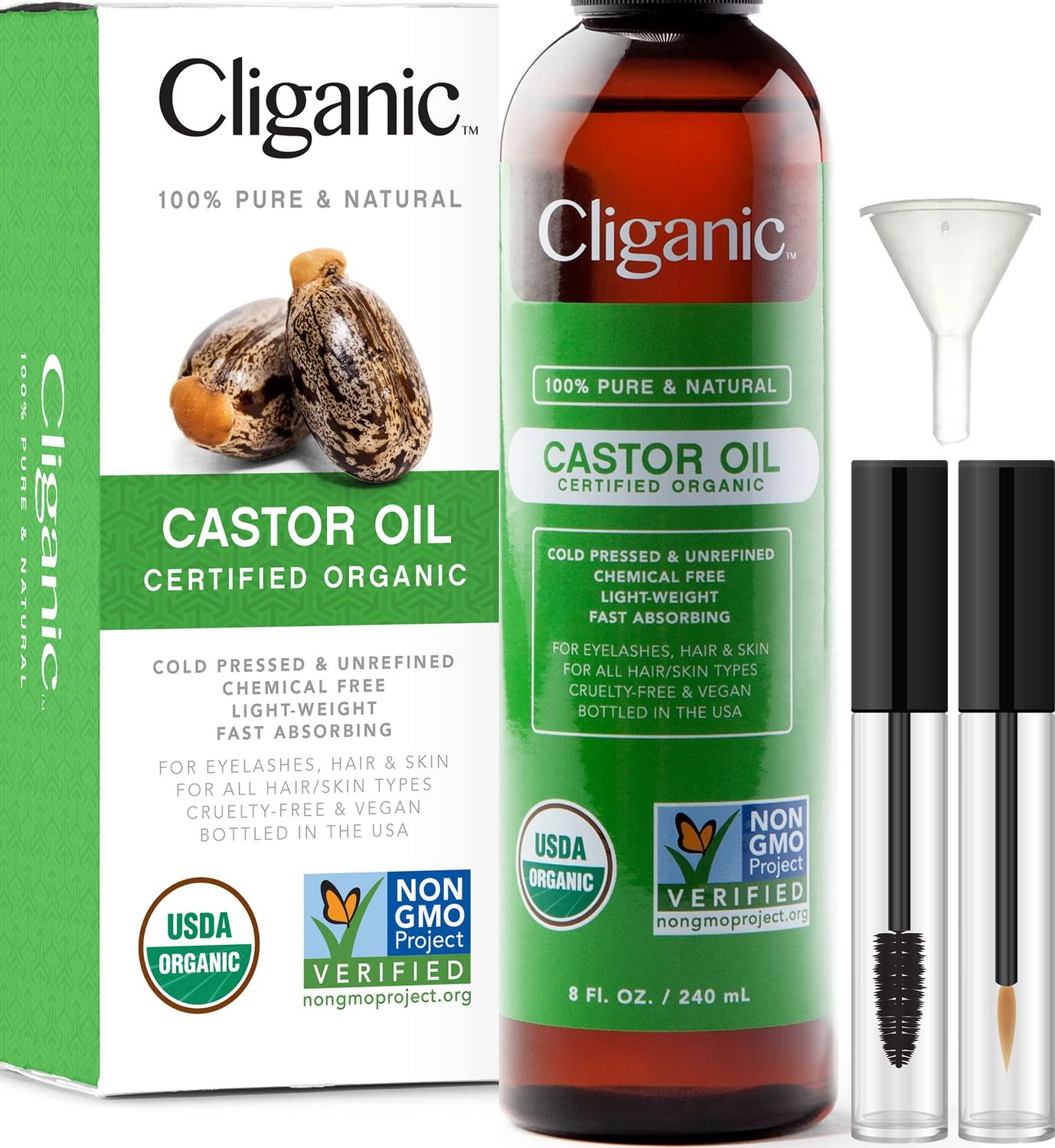 Cliganic USDA Organic Castor Oil, 100% Pure (8oz with Eyelash Kit) - For Eyelashes, Eyebrows, Hair &amp; Skin | Natural Cold Pressed Unrefined Hexane-Free
