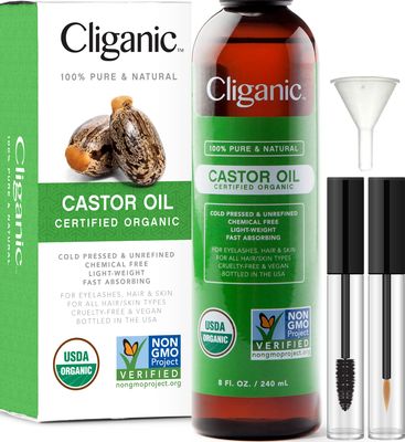 Cliganic USDA Organic Castor Oil, 100% Pure (8oz with Eyelash Kit) - For Eyelashes, Eyebrows, Hair &amp; Skin | Natural Cold Pressed Unrefined Hexane-Free