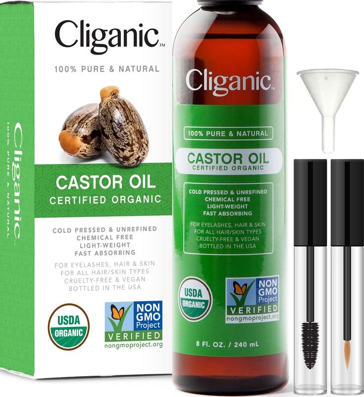 Cliganic USDA Organic Castor Oil, 100% Pure (8oz with Eyelash Kit) - For Eyelashes, Eyebrows, Hair &amp; Skin | Natural Cold Pressed Unrefined Hexane-Free