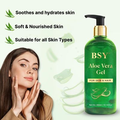 BSY Aloe Vera Gel - 10.1 fl oz | Non-Sticky Aloe Vera Gel for Face, Hair, Skin &amp; Sunburn Relief | Freshly Cut 100% Pure Aloe Vera Gel for Moisturizing Hydrating, Soothing Skincare