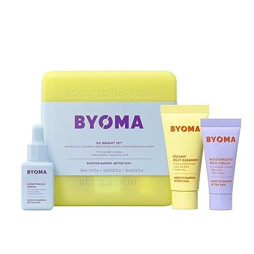 BYOMA So Bright Set - Barrier Repair Skincare Set for Brighter Skin - Creamy Jelly Cleanser, Brightening Face Serum &amp; Ceramide Face Moisturizer - Alcohol Free Skin Care - 30ml, 15ml, 15ml