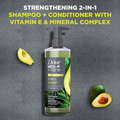 Dove Men+Care 2-in-1 Shampoo + Conditioner Avocado &amp; Tea Tree Oil for Strengthening Hair, with Vitamin E &amp; Mineral Complex, 17.5 oz