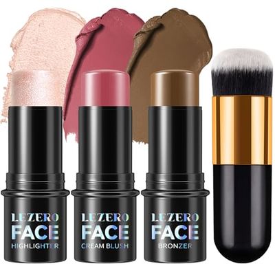 3Pcs Cream Contour Stick Makeup Kit, Shades with Highlighter Stick,Blush Stick and Bronzer Stick for Sculpt the Cheeks, Long Lasting, Waterproof, Dewy &amp; Matte Finish, LIGHT MEDIUM (#02,05,06)