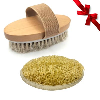 DAKOUDDAI Body Brush Set Include Soft Natural Brush and Loofah, for Wet and Dry Brushing, for Exfoliating and Massaging Skin, Cellulite Treatment, Lymphatic Drainage and Blood Circulation Improvement