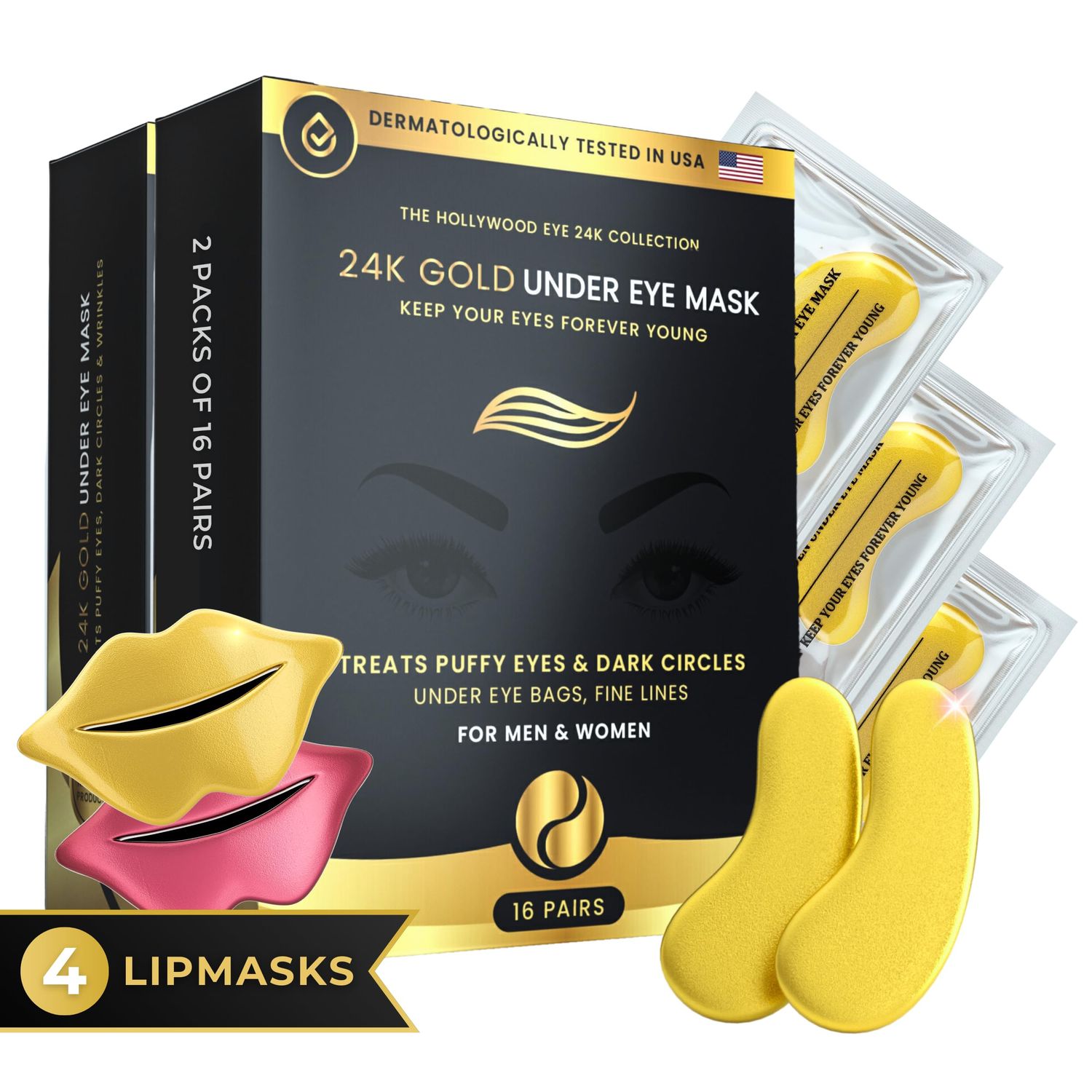 Bisou Bisou Bisou 32 Pairs 24K Gold Under Eye Patches with 4 pieces of Lip Mask, Anti-Aging Eye Mask, Under Eye Mask Dark Circles and Puffiness, Wrinkles Patches with Hydrogel, Collagen Eye Pad