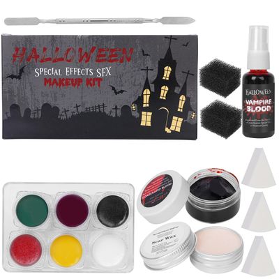 Halloween Special Effects SFX Zombie Makeup Kit,6 Colors Bruise Makeup Face Body Painting Palette,Scar Wax, Spatula Tool,Fake Blood Spray,Coagulated Blood With Sponges for Halloween Demonic Cosplay