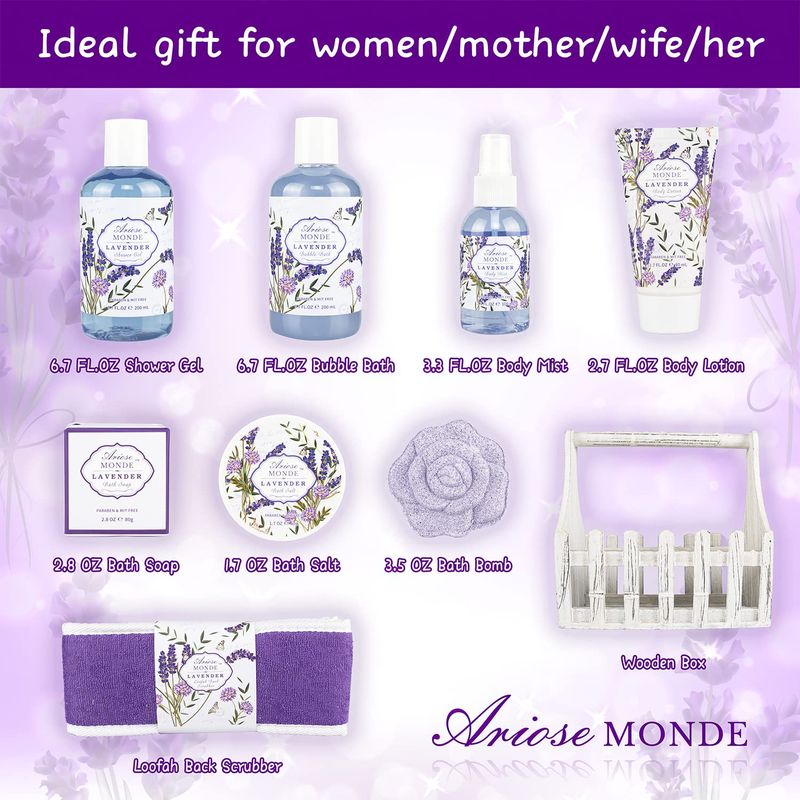 Bath Spa Basket Gift Set, with Lavender &amp; Jasmine Scent, Home Spa Gift Basket Kits for Women, Includes Body Lotion, Shower Gel, Bath Salts, Bubble Bath, Body Mist, Bath Soap, Bath Bom