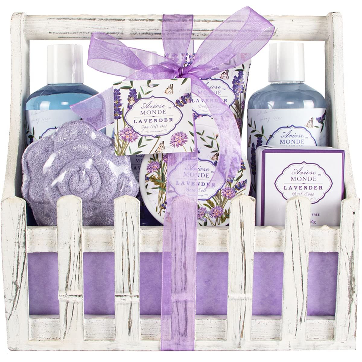 Bath Spa Basket Gift Set, with Lavender &amp; Jasmine Scent, Home Spa Gift Basket Kits for Women, Includes Body Lotion, Shower Gel, Bath Salts, Bubble Bath, Body Mist, Bath Soap, Bath Bom
