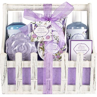 Bath Spa Basket Gift Set, with Lavender &amp; Jasmine Scent, Home Spa Gift Basket Kits for Women, Includes Body Lotion, Shower Gel, Bath Salts, Bubble Bath, Body Mist, Bath Soap, Bath Bom