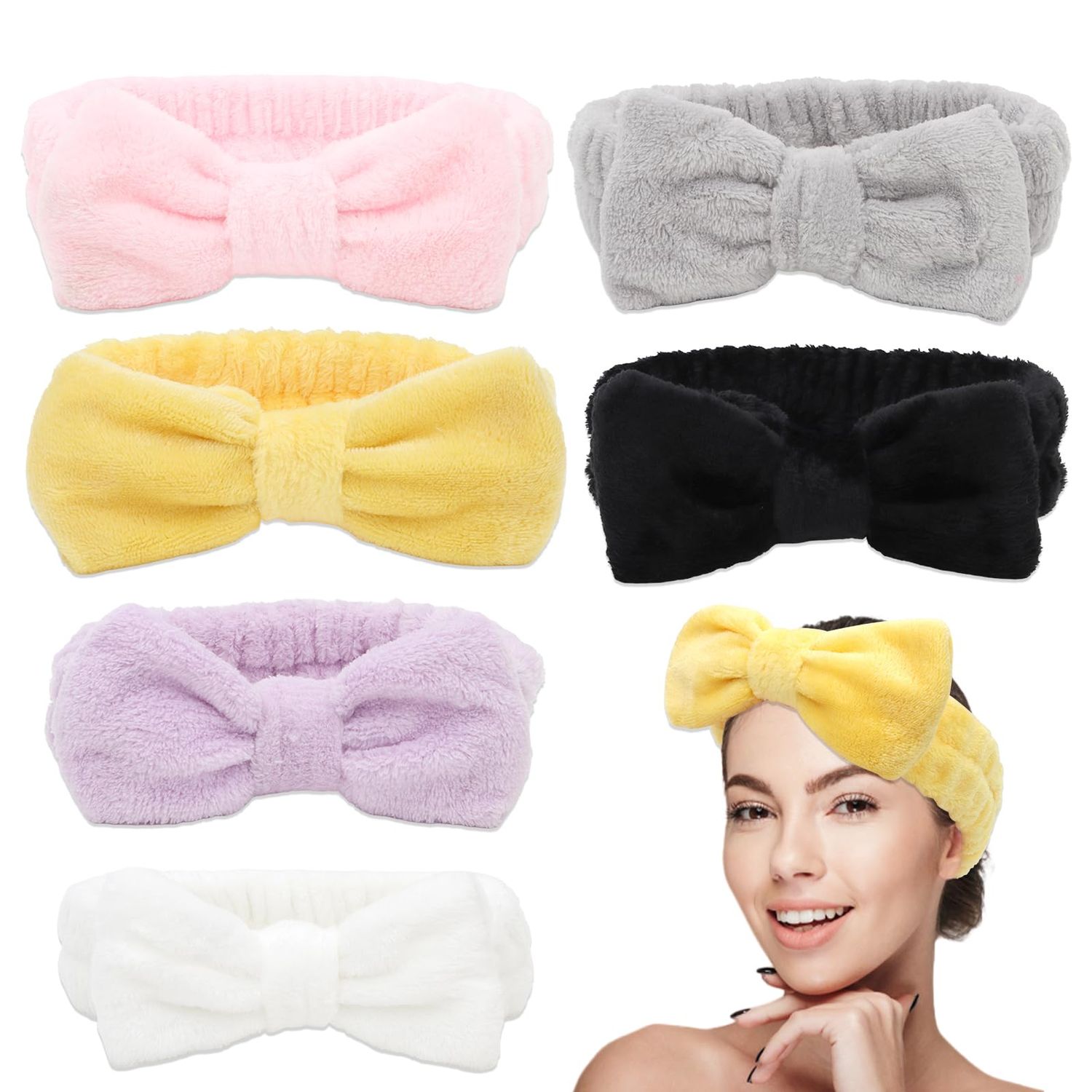 Aushamtai Spa Headbands for Women Microfiber Skincare Makeup Headband for Washing Face Terry Cloth Shower Hair Bands Soft Bow Facial Head Wrap 6 Pack