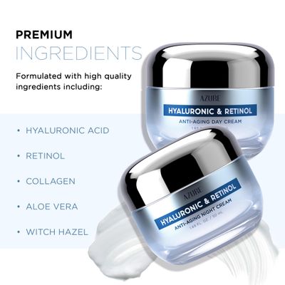 Azure Dermatologist Tested Hyaluronic & Retinol Day & Night Face Moisturizer - K Beauty Anti-Aging Cream for Dark Spot Corrector & Wrinkle Repair Cream - Korean Skincare - All Skin Type 1.69 fl oz