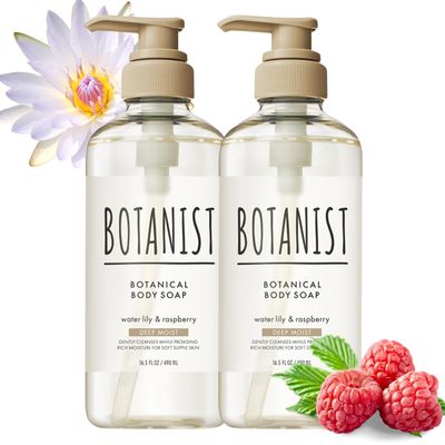 Botanist 2pk Moisturizing Body Wash/Soap Pump, Botanical Shower Gel for Sensitive Dry Skin, Natural &amp; Organic Japanese Skin Care, Water Lily &amp; Raspberry, Deep Moist, 16.5 Fl Oz / 490 mL