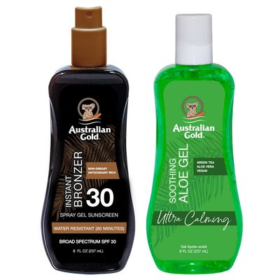 Australian Gold Sunscreen Gel Spray with Bronzer + Soothing After Sun Aloe Vera Gel, Hydrating Sunburn Relief &amp; Broad Spectrum UVA/UVB SPF 30 Sunscreen Spray, Cruelty-Free &amp; Vegan Skin Care Set