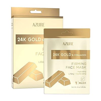 AZURE 24K Gold Firming Face Mask- Anti Aging, Hydrating, Toning &amp; Firming Facial Sheet Mask - Helps Reduce Wrinkles &amp; Fine Lines - With Hyaluronic Acid &amp; Collagen - Skin Care Made in Korea - 5 Pack