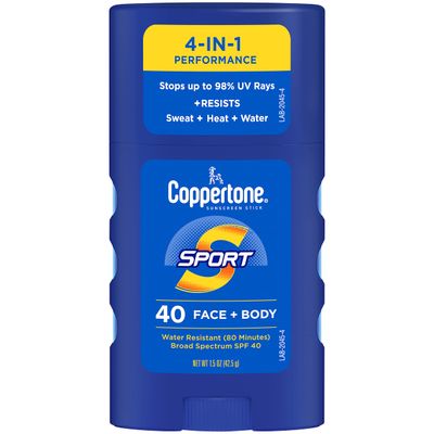 Coppertone Sport Sunscreen Stick, SPF 40 Sunscreen, Travel Size Sunscreen for Face and Body, 1.5 Oz