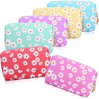 Amylove 6 Pcs PU Leather Cosmetic Bag Leather Makeup Bag for Purse Daisy Portable Makeup Pouch Small Cute Skin Care Preppy Bag Waterproof Travel Cosmetic Organizer for Women, 6 Colors