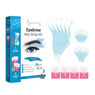 Beauty7 Sensitive Eyebrow Wax Strips Kit Facial Hair Removal for Men Eyebrow Waxing Strips 24 Strips 4 Calming Oil Wipes Home Waxing for Sensitive Skin Types for Men