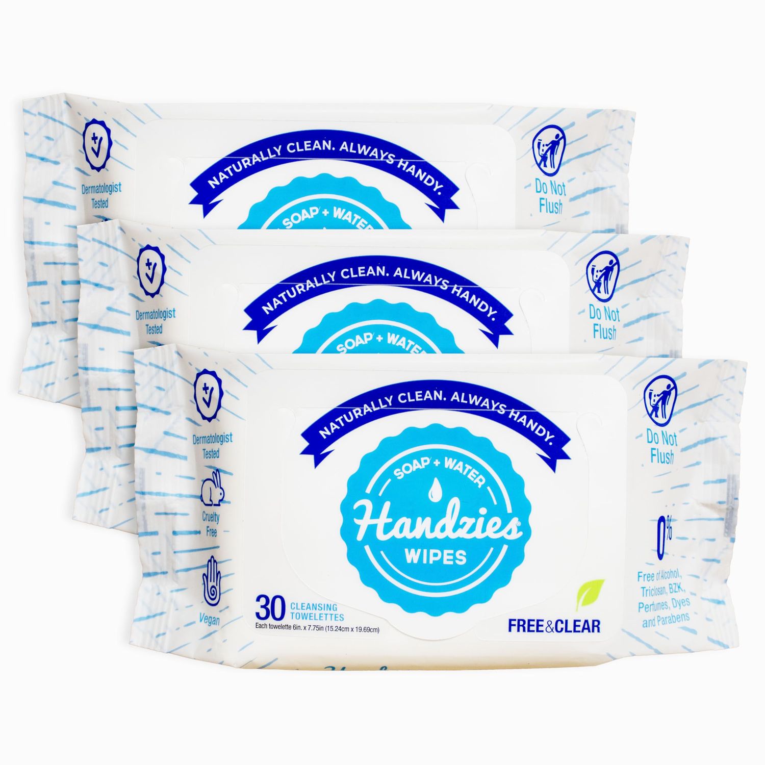 Handzies Alcohol-Free Natural Soap and Water Cleansing Towelettes - Free&amp;Clear - 30ct soft pouch - Pack of 3 (90 total towelettes)