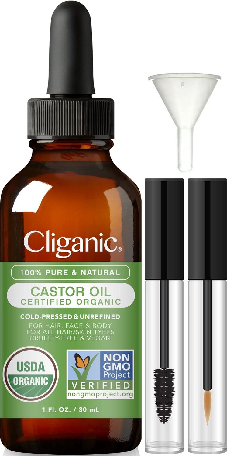 Cliganic Organic Castor Oil, 100% Pure (1oz with Eyelash Kit) - For Eyelashes, Eyebrows, Hair &amp; Skin