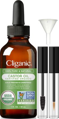 Cliganic Organic Castor Oil, 100% Pure (1oz with Eyelash Kit) - For Eyelashes, Eyebrows, Hair &amp; Skin