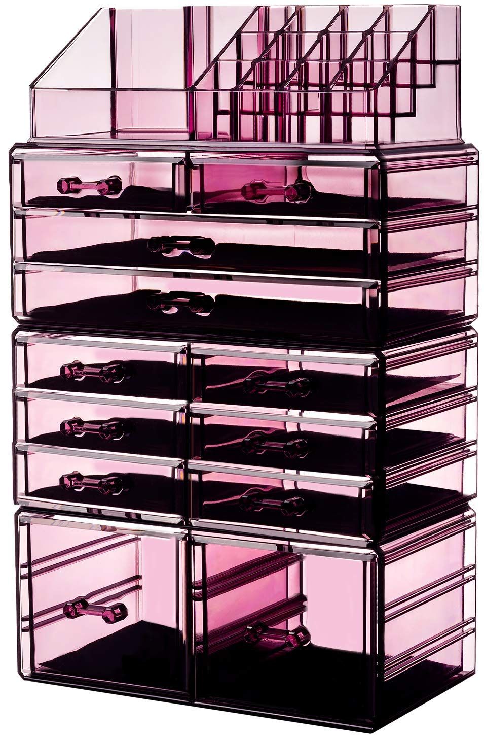 HBlife Acrylic Clear Dustproof Makeup Storage Organizer Drawers Large Skin Care Cosmetic Display Cases for Bathroom Stackable Storage Box with 12 Drawers for Vanity (Violet)