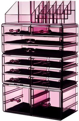 HBlife Acrylic Clear Dustproof Makeup Storage Organizer Drawers Large Skin Care Cosmetic Display Cases for Bathroom Stackable Storage Box with 12 Drawers for Vanity (Violet)