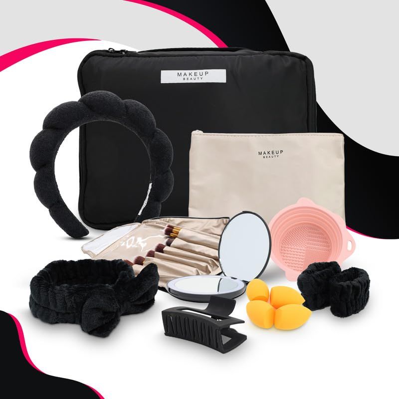 23-Piece All-in-One Makeup &amp; Skincare Gift Set - Black Cosmetic Bag, LED Makeup Mirror, 10 Brush Set, Hair &amp; Spa Accessories - Perfect Teen Gifts, Christmas &amp; Holiday Presents (Black Makeup Set)