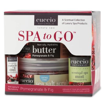 Cuccio Naturale Pomegranate &amp; Fig Spa To Go Kit - Butter Blend, Sea Salt Scrub, Scentual Spa Mist, and Cuticle Revitalizing Oil - Deep Hydration and Exfoliation for Hands and Body - 4-Piece Set