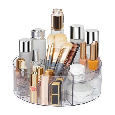360 Rotating Makeup Organizer, 10&quot; Clear Turntable Lazy Susan Organizer for Vanity, Bathroom Counter, Cabinet, Spinning Cosmetic Storage Holder with 6 Dividers for Skincare, Makeup Brushes, Lipsticks