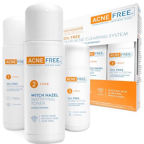 Acne Free 3 Step 24 Hour Acne Treatment Kit - Clearing System W Oil Free Acne Cleanser, Witch Hazel Toner, &amp; Oil Free Acne Lotion - Acne Solution W/ Benzoyl Peroxide for Teens and Adults - Original