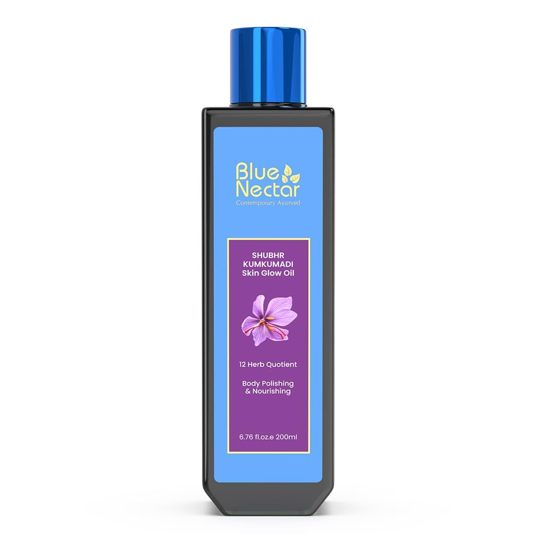 Blue Nectar Kumkumadi Body Oil for Glowing Skin | Moisturizing Body Oil for Dry Skin with Relaxing Aroma | Plant Based Body Oil for Women &amp; Men (12 Herbs, 6.76 fl oz)