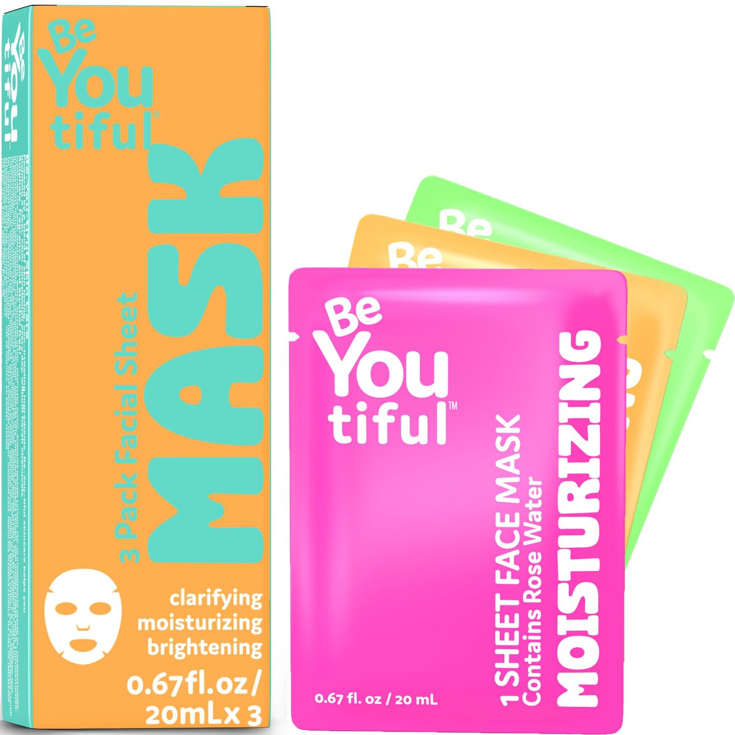 BeYoutiful Facial Mask Set, Hydrating Face Mask for All Skin Types, Face Care for Girls and Boys, Skin Care for Teens, 3 Masks per Box