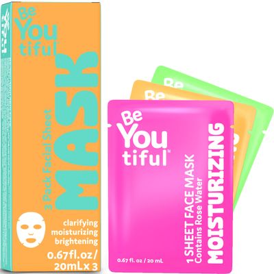 BeYoutiful Facial Mask Set, Hydrating Face Mask for All Skin Types, Face Care for Girls and Boys, Skin Care for Teens, 3 Masks per Box