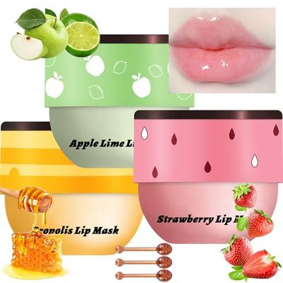 3 Pcs Bee Lip Balm Honey Pot, Honey Strawberry Apple Lip Mask Overnight, Moisturizing Lip Sleeping Mask, Hydrate Repair Prevent Dry Cracked Lip Exfoliator Lip Care (Honey+Strawberry+Apple Lime)