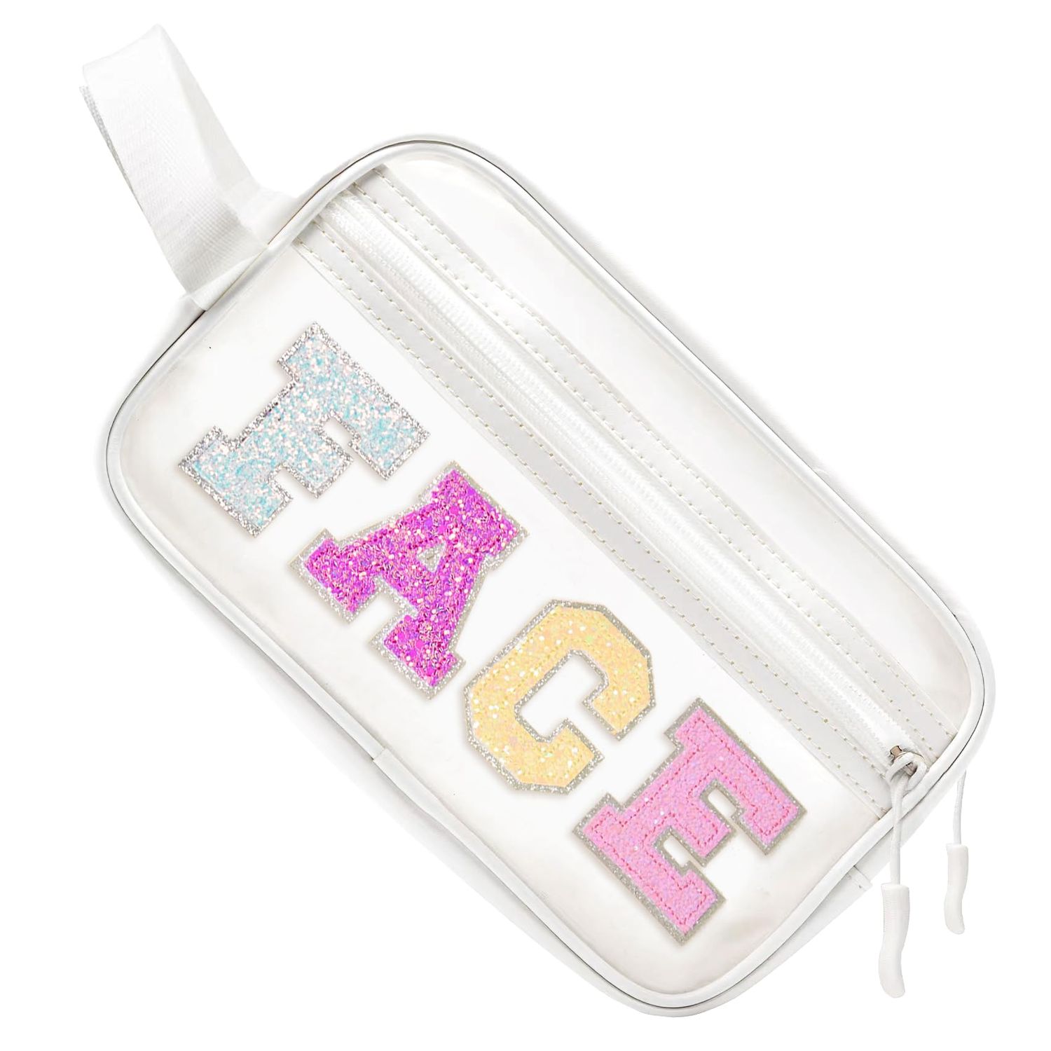 COSHAYSOO Clear Preppy Patch Makeup Bag Cosmetic Pouch with Glitter Bling Letters for Women Teen Girls Sister, Make Up Travel Stuff Organizer Cute Stylish Trendy Gifts Sparkling Skincare Purse (FACE)