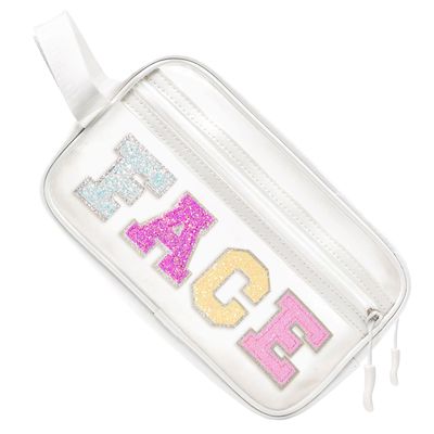 COSHAYSOO Clear Preppy Patch Makeup Bag Cosmetic Pouch with Glitter Bling Letters for Women Teen Girls Sister, Make Up Travel Stuff Organizer Cute Stylish Trendy Gifts Sparkling Skincare Purse (FACE)