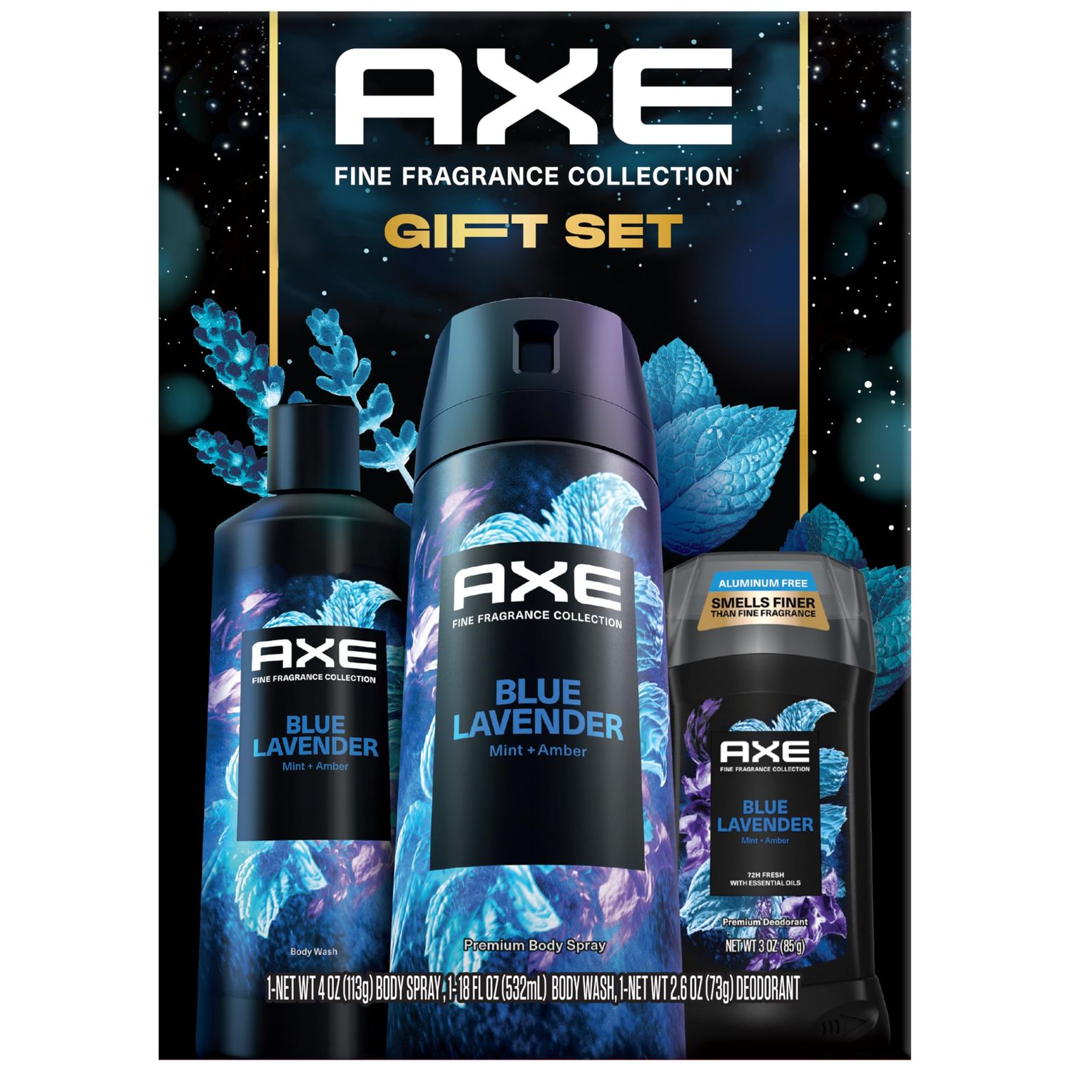 AXE Blue Lavender Gift Set for Men - Mens Body Wash, Body Spray &amp; Deodorant, Fine Fragrances Collection, Mint &amp; Amber (3 Piece Set)